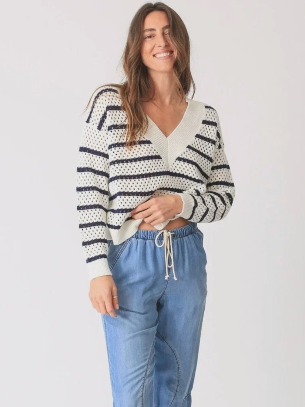 Electric & Rose Hadley Striped Open Knit V-neck Sweater